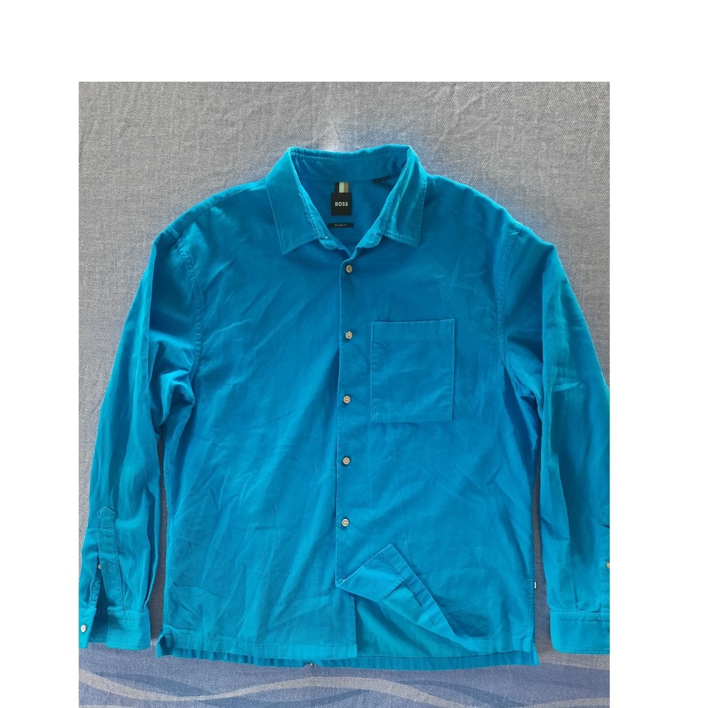 Hugo Boss Mens XL Relaxed Fit Corduroy Button Down Shirt Bright Teal Blue SEE